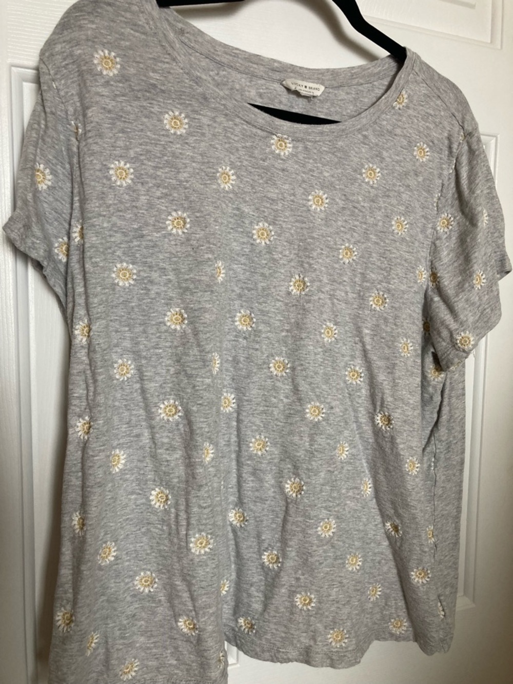 Lucky Brand Grey Tee with Yellow Daisy Embroidery